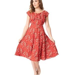 Unique Vintage Red Floral 1940s Inspired Tea Dress XL 14